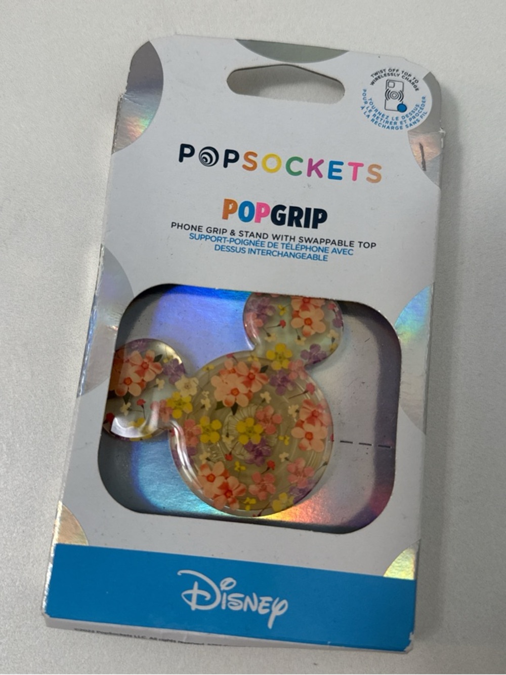 Disney Floral Mickey PopGrip — Clear with Yellow Pink Orange Green Flowers